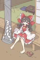 Rule 34 | 1girl, architecture, ascot, barefoot, black eyes, bow, breasts, brown eyes, brown hair, closed mouth, collared dress, cup, detached sleeves, dress, east asian architecture, food, frilled dress, frills, full body, gohei, green ascot, hair bow, hair tubes, hakurei reimu, highres, holding, holding cup, large bow, long hair, looking at viewer, medium breasts, primsla, red bow, red dress, ribbon-trimmed dress, ribbon-trimmed sleeves, ribbon trim, shouji, sitting, sleeveless, sleeveless dress, sliding doors, solo, touhou, unworn footwear, white sleeves, wide sleeves