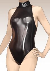 Rule 34 | 1girl, bare arms, bare shoulders, black one-piece swimsuit, breasts, collarbone, cowboy shot, gradient background, grey background, groin, hand on own hip, head out of frame, highres, jchoy, one-piece swimsuit, original, shiny clothes, small breasts, solo, standing, swimsuit, white background