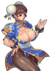 Rule 34 | 1girl, absurdres, blue dress, bracelet, breasts, brown eyes, brown hair, brown pantyhose, bun cover, capcom, china dress, chinese clothes, chun-li, cleavage, cleavage cutout, clothing cutout, covered erect nipples, double bun, dress, earrings, eyeshadow, fengmo, hair bun, hand on own hip, highres, huge breasts, jewelry, lips, lipstick, makeup, pantyhose, parted lips, pelvic curtain, puffy short sleeves, puffy sleeves, red lips, short sleeves, side slit, simple background, solo, spiked bracelet, spikes, street fighter, white background