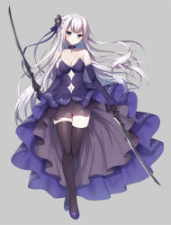 Rule 34 | 1girl, black flower, black thighhighs, blue eyes, blush, breasts, cleavage, closed mouth, clothing cutout, commission, crossed legs, dress, dual wielding, elbow gloves, floating hair, flower, full body, gloves, grey background, grey hair, hair flower, hair ornament, highres, holding, holding sword, holding weapon, long hair, looking at viewer, mauve, medium breasts, navel, navel cutout, original, pixiv commission, purple dress, purple footwear, purple gloves, shoes, simple background, solo, sword, thighhighs, very long hair, weapon