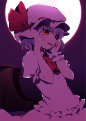 Rule 34 | 1girl, absurdres, ascot, bad id, bad pixiv id, bat wings, commentary request, dress, fingernails, full moon, hands up, hat, highres, long fingernails, looking at viewer, mob cap, moon, nail polish, open mouth, red ascot, red eyes, red nails, remilia scarlet, short hair, slit pupils, smile, solo, teeth, touhou, upper teeth only, white dress, white hat, wings, wrist cuffs, you (noanoamoemoe)