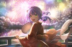 Rule 34 | 1girl, :d, aerial fireworks, fireworks, floating hair, forest, game cg, glowing, glowing eyes, green eyes, hand fan, hand on railing, highres, japanese clothes, kimono, kingyo hanabi (love live!), link! like! love live!, long sleeves, looking at viewer, looking back, love live!, nature, night, official art, open mouth, otomune kozue, purple hair, red kimono, side ponytail, sidelocks, smile, solo, teeth, third-party source, upper body, upper teeth only, virtual youtuber, wide sleeves