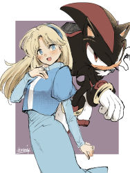 Rule 34 | 1boy, 1girl, :d, animal nose, artist name, blonde hair, blue dress, blue eyes, blue hairband, blush, bracelet, dress, furry, furry male, gloves, hairband, jewelry, ligne claire, long dress, long hair, long sleeves, looking at viewer, maria robotnik, open mouth, puffy sleeves, red eyes, serious, shadow the hedgehog, smile, sonic (series), standing, tondamanuke, white gloves