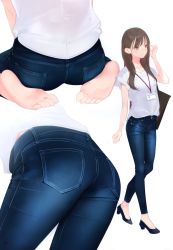 Rule 34 | 1girl, absurdres, ama mitsuki, ass, ass focus, bag, barefoot, breasts, brown bag, brown eyes, brown hair, casual, closed mouth, collarbone, denim, feet, from behind, full body, grey background, hair over shoulder, high heels, highres, id card, jeans, leaning forward, long hair, multiple views, office lady, original, pants, scan, shirt, short sleeves, simple background, sitting, small breasts, soles, standing, toes, wariza, white shirt