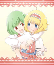 Rule 34 | 2girls, ahoge, alice margatroid, bad id, bad pixiv id, blonde hair, blue eyes, border, capelet, dress, ellipsis (mitei), green hair, hairband, highres, hug, hug from behind, kazami yuuka, lace, lace border, lolita hairband, long sleeves, looking at another, looking back, multiple girls, open mouth, ornate border, pink background, plaid, plaid vest, red eyes, ribbon, sash, short hair, simple background, touhou, vest, white background