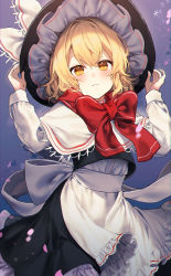 Rule 34 | 1girl, alternate hair length, alternate hairstyle, apron, arms up, black skirt, black vest, blonde hair, blush, bow, capelet, commentary request, frilled skirt, frills, hat, hat ribbon, highres, jill 07km, kirisame marisa, long hair, long sleeves, looking at viewer, purple background, red neckwear, red ribbon, ribbon, shirt, short hair, simple background, skirt, solo, standing, touhou, upper body, vest, white apron, white bow, white capelet, white shirt, witch hat, yellow eyes