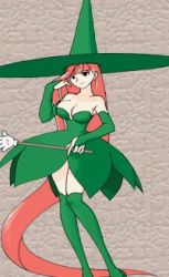 Rule 34 | astra super stars, bare shoulders, breasts, bridal gauntlets, cleavage, dress, elbow gloves, gloves, green dress, green legwear, green outfit, large breasts, lowres, official art, red hair, skirt, stella (astra super stars), thighhighs, thighs, very long hair, wand, witch, witch hat