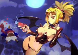 Rule 34 | 1girl, bat wings, black nails, blonde hair, breasts, bright pupils, commentary, detached collar, detached sleeves, disgaea, earrings, english commentary, gun, handgun, heart, holding, holding gun, holding weapon, jewelry, large breasts, makai senki disgaea 2, nail polish, optionaltypo, pointy ears, prinny, red eyes, red scarf, rozalin, scarf, solo focus, weapon, wings