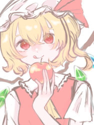 Rule 34 | 1girl, :q, apple, ascot, blonde hair, collared shirt, flandre scarlet, food, frilled shirt collar, frills, fruit, hair between eyes, hat, head tilt, holding, holding food, holding fruit, looking at viewer, medium hair, mob cap, multicolored wings, nazo ker, red eyes, red vest, shirt, short sleeves, simple background, solo, tongue, tongue out, touhou, upper body, vest, white background, white hat, white shirt, wings, yellow ascot