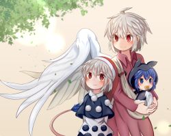 Rule 34 | 3girls, ahoge, angel wings, animal ears, animal hood, arms behind back, baby, black dress, blue eyes, blue hair, blush, buna shimeji (keymush), carrying, child carry, collared dress, cowboy shot, doremy sweet, dress, grey wings, hood, if they mated, kishin sagume, long sleeves, looking at another, looking down, looking up, mother and daughter, multicolored clothes, multicolored dress, multiple girls, no pupils, pacifier, petals, pom pom (clothes), purple dress, red eyes, short hair, silver hair, single wing, tail, tapir ears, tapir tail, touhou, tree, upper body, white dress, white wings, wings