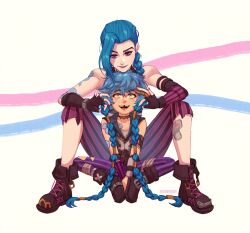 2girls arcane:_league_of_legends arcane_jinx arm_tattoo artist_name bare_shoulders black_gloves blue_hair braid caminukai cloud_tattoo fingerless_gloves gloves isha_(arcane) jinx_(league_of_legends) league_of_legends long_hair multiple_girls pants pink_pants red_pants shoes short_hair sitting smile striped_clothes striped_pants tattoo teeth twin_braids twintails two-tone_pants