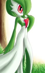 Rule 34 | 1girl, bob cut, closed mouth, colored skin, creatures (company), day, eryz, female focus, flat chest, game freak, gardevoir, gen 3 pokemon, grass, green hair, green skin, hair over one eye, hand up, happy, highres, looking at viewer, multicolored skin, nintendo, outdoors, pokemon, pokemon (creature), red eyes, short hair, smile, solo, standing, tree, two-tone skin, white background, white skin
