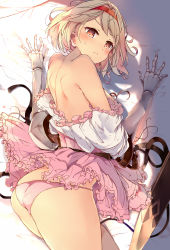Rule 34 | 1girl, ass, back, bad anatomy, bare shoulders, blonde hair, blush, breasts, brown eyes, closed mouth, djeeta (granblue fantasy), dress, fighter (granblue fantasy), gauntlets, granblue fantasy, hairband, highres, kyuu (plastic night q), large breasts, looking at viewer, looking back, off shoulder, panties, pink dress, pink panties, puffy short sleeves, puffy sleeves, sheath, short hair, short sleeves, shoulder blades, solo, thighs, underwear