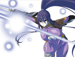 Rule 34 | 1girl, akiyama rinko, aoi nagisa (metalder), blue hair, breasts, large breasts, ponytail, solo, sword, taimanin (series), taimanin yukikaze, weapon