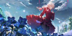Rule 34 | 1girl, absurdres, arm at side, black pantyhose, blue flower, blue sky, blush, breaking, breasts, building, closed eyes, cloud, cloudy sky, cowboy shot, day, dress, facing ahead, falling feathers, feathers, field, fisheye, floating hair, flower, flower field, from below, guilty crown, hair between eyes, hand on own chest, high collar, highres, layered dress, long hair, long sleeves, low-tied long hair, medium breasts, nature, open mouth, outdoors, pantyhose, pink hair, pleated dress, red dress, scenery, sidelocks, single hair tube, sky, skyscraper, solo, thighband pantyhose, tree, xiaoshan jiang, yuzuriha inori