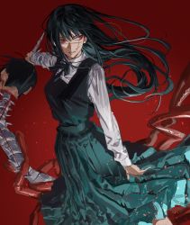 Rule 34 | 1girl, absurdres, arm at side, black hair, blue bow, blue bowtie, blue dress, bow, bowtie, chainsaw man, chamuring, clenched teeth, collared shirt, dress, floating hair, grin, hair between eyes, highres, holding, holding weapon, intestines, light particles, long hair, long sleeves, looking away, pinafore dress, red background, red eyes, scar, scar on face, shirt, sideways glance, sleeveless, sleeveless dress, smile, solo, standing, tanaka (chainsaw man), teeth, weapon, white shirt, yoru (chainsaw man)
