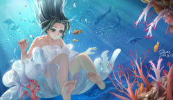 Rule 34 | 10s, 1girl, 2014, air bubble, artist name, bare shoulders, barefoot, blue eyes, blue hair, breath, bubble, clownfish, collarbone, coral, dated, dress, feet, fish, freediving, highres, holding breath, light rays, long hair, matching hair/eyes, original, shinkai shoujo (vocaloid), shon, smile, soles, solo, stingray, strapless, strapless dress, swimming, toes, tropical fish, turtle, underwater, vocaloid, white dress