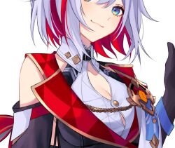 Rule 34 | 1girl, :3, bare shoulders, black gloves, blue eyes, breasts, cleavage, colored inner hair, commentary request, gloves, grey hair, honkai: star rail, honkai (series), large breasts, looking at viewer, medium breasts, mokota, multicolored hair, red hair, simple background, smile, solo, streaked hair, topaz (honkai: star rail), upper body, white background