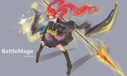 Rule 34 | 1girl, absurdres, battle mage (dungeon and fighter), boots, character name, collar, dress, dungeon and fighter, fire, full body, highres, lance, legs apart, luoxiaofei, mage (dungeon and fighter), pointy ears, polearm, red eyes, skirt, solo, standing, twintails, weapon