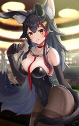 Rule 34 | 1girl, absurdres, alternate costume, animal ears, black gloves, black hair, black leotard, blurry, blurry background, breasts, brown pantyhose, card, ceiling light, choker, detached collar, elbow gloves, gloves, highres, holding, holding card, hololive, indoors, large breasts, leotard, long hair, neckerchief, neckerchief between breasts, ookami mio, ookami mio (1st costume), pantyhose, playboy bunny, rabbit ears, red choker, red neckerchief, sailor collar, solo, table, tail, thighband pantyhose, torakichi 888, very long hair, virtual youtuber, wolf ears, wolf girl, wolf tail