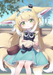 Rule 34 | 1girl, absurdres, animal, animal ear fluff, animal ears, aqua hairband, aqua skirt, arknights, bag, black cat, blonde hair, blush, brown bag, cardigan, cat, closed mouth, commentary request, commission, commissioner upload, crossover, extra ears, fox ears, fox girl, fox tail, frilled hairband, frills, green eyes, hair ornament, hair scrunchie, hairband, head tilt, heixiu, highres, holding, holding animal, kitsune, kokone (coconeeeco), kyuubi, lace, lace-trimmed skirt, lace trim, long hair, long sleeves, looking at viewer, luo xiaohei, luo xiaohei zhanji, medium skirt, multicolored hair, multiple tails, neck ribbon, non-web source, official alternate costume, on bench, on head, outdoors, puffy long sleeves, puffy sleeves, red ribbon, ribbon, scrunchie, shirt, shoulder bag, sidelocks, sitting, skeb commission, skirt, sleeve cuffs, smile, solo, stitches, suzuran (arknights), suzuran (spring praise) (arknights), tail, two-tone hair, white hair, white shirt, yellow cardigan