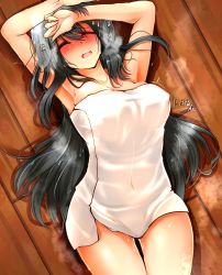 Rule 34 | 10s, 1girl, arm up, armpits, bad id, bad nicoseiga id, black hair, blush, breasts, breath, covered erect nipples, covered navel, cowboy shot, closed eyes, female focus, from above, full-face blush, hair ornament, hairclip, haruna (kancolle), highres, kantai collection, large breasts, long hair, lying, naked towel, nude, on back, open mouth, parted lips, solo, thigh gap, towel, tsukui kachou, wet, wince