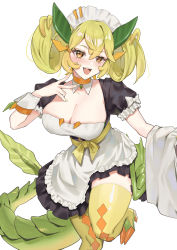 Rule 34 | 1girl, absurdres, apron, blush, breasts, brown eyes, cleavage, dragon girl, dragon horns, dragon tail, dragonmaid (yu-gi-oh!), duel monster, fang qiao, frilled apron, frills, green hair, green horns, green tail, highres, horns, large breasts, looking at viewer, open mouth, parlor dragonmaid, smile, solo, tail, twintails, yellow horns, yu-gi-oh!