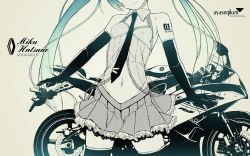 Rule 34 | 1girl, aqua hair, ayase (ayasegiken), elbow gloves, gloves, gradient hair, hatsune miku, highres, long hair, monochrome, motor vehicle, motorcycle, multicolored hair, navel, necktie, skirt, smile, solo, spot color, thighhighs, twintails, vehicle, very long hair, vocaloid, yamaha