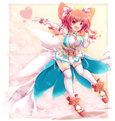 Rule 34 | 1girl, :d, alternate costume, blue dress, breasts, cross, death angel komachi, dress, elbow gloves, framed, gloves, hair ornament, heart, highres, ichirino minagi, jewelry, large breasts, magical girl, multicolored clothes, multicolored dress, necklace, onozuka komachi, open mouth, red eyes, red hair, sash, smile, solo, thighhighs, touhou, twintails, two side up, white dress, white gloves, white thighhighs, zettai ryouiki