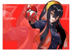 Rule 34 | 1girl, black hair, border, breasts, buttons, carmine (pokemon), commentary request, creatures (company), crossed bangs, eyelashes, game freak, gloves, hair between eyes, hairband, highres, holding, holding poke ball, jacket, long hair, long sleeves, medium breasts, momijisio, nintendo, parted lips, partially fingerless gloves, poke ball, poke ball (basic), pokemon, pokemon sv, red gloves, sidelocks, smile, solo, white border, yellow eyes, yellow hairband, zoom layer