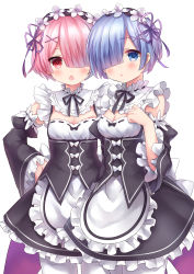 Rule 34 | 10s, 2girls, absurdres, bare shoulders, black ribbon, blue eyes, blue hair, blush, breasts, chestnut mouth, cleavage, detached collar, detached sleeves, dress, fang, hair between eyes, hair ornament, hand on own hip, highres, long sleeves, looking at viewer, maid, maid headdress, multiple girls, open mouth, parted lips, pink eyes, pink hair, ram (re:zero), re:zero kara hajimeru isekai seikatsu, rem (re:zero), ribbon, ribbon-trimmed clothes, ribbon-trimmed collar, ribbon-trimmed sleeves, ribbon trim, shiodome oji, short hair, siblings, sisters, small breasts, standing, twins, white legwear, x hair ornament