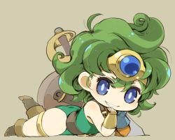 Rule 34 | 1girl, ahoge, ass, bare shoulders, belt, black footwear, blue eyes, blue gemstone, blush, boots, buckle, chibi, circlet, detached sleeves, dragon quest, dragon quest iv, flat chest, from side, full body, gem, gloves, green hair, grey background, grey gloves, grin, happy, head rest, head tilt, heroine (dq4), leotard, looking at viewer, lying, mota, on stomach, planted, planted sword, planted weapon, rapier, shield, short hair, simple background, single glove, single sleeve, smile, solo, sword, thighlet, thighs, vambraces, wavy hair, weapon