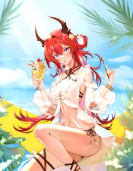 Rule 34 | 1girl, absurdres, arknights, beach, bikini, bracelet, breasts, cleavage, cloud, demon girl, demon horns, detached sleeves, food, fruit, grapes, hair ornament, highres, horns, ice, ice cream, jewelry, looking at viewer, medium breasts, official alternate costume, plant, purple eyes, red hair, sky, solo, spoon, star (symbol), star hair ornament, strawberry, surtr (arknights), surtr (colorful wonderland) (arknights), swimsuit, user zena5253