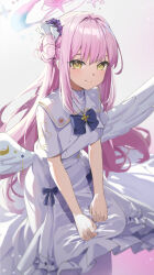 Rule 34 | 1girl, blue archive, braid, commentary, dress, gradient background, grey background, halo, highres, long hair, looking at viewer, low wings, mika (blue archive), pink background, pink hair, pink halo, reulem, side braid, single braid, smile, solo, white dress, white wings, wings, yellow eyes