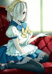 Rule 34 | 10s, 1girl, adapted costume, black pantyhose, blue eyes, breasts, couch, eyes visible through hair, frilled skirt, frills, gloves, hair ornament, hair over one eye, hairclip, hamakaze (kancolle), harmaline, head scarf, highres, kantai collection, large breasts, lips, neckerchief, pantyhose, school uniform, serafuku, short hair, silver hair, skirt, solo, white gloves, window, yellow neckerchief