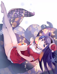 Rule 34 | 1girl, absurdres, alternate costume, animal ears, blush, breasts, cake, christmas, christmas lights, commentary, detached collar, dress, eating, english commentary, fang, feet, food, fork, fruit, full body, fur-trimmed dress, fur collar, fur trim, gradient hair, hairband, halo, hat, highres, holding, holding cake, holding food, holding fork, hololive, hololive english, kazo (apap023451), long hair, looking at viewer, mistletoe, mole, mole under eye, multicolored hair, ninomae ina&#039;nis, no shoes, open mouth, orange hair, pom pom (clothes), purple eyes, purple hair, red dress, red headwear, santa dress, santa hat, simple background, sitting, skin fang, small breasts, smile, snowflakes, solo, strawberry, takodachi (ninomae ina&#039;nis), tentacle hair, tentacles, thighhighs, thighs, tilted headwear, two-tone hair, virtual youtuber, white background, white thighhighs