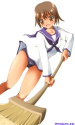 Rule 34 | 1girl, broom, brown eyes, brown hair, dr rex, fisheye, military, military uniform, miyafuji yoshika, one-piece swimsuit, perspective, sailor, school swimsuit, short hair, solo, strike witches, swimsuit, swimsuit under clothes, uniform, world witches series