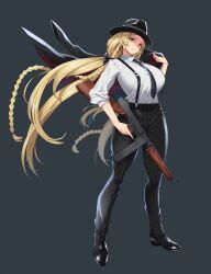 Rule 34 | 1girl, black bow, black footwear, black hat, black necktie, blonde hair, bow, braid, breasts, collared shirt, green eyes, grey background, gun, hair bow, hat, highres, holding, holding clothes, holding gun, holding jacket, holding weapon, jacket, kloah, large breasts, last origin, long hair, necktie, nymph (last origin), official art, pants, pinstripe jacket, pinstripe pants, pinstripe pattern, shirt, solo, striped, submachine gun, suspenders, taut clothes, taut shirt, thompson submachine gun, unworn jacket, weapon, white shirt