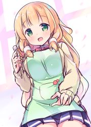 Rule 34 | 1girl, apron, bad id, bad pixiv id, blonde hair, blunt bangs, blush, bow, bowtie, breasts, cardigan, commentary request, cowboy shot, dutch angle, foreshortening, fukuchi kaori, green apron, green eyes, hair ornament, holding, jk shousetsuka poi, kurou (quadruple zero), large breasts, long hair, long sleeves, looking at viewer, mimikaki, open mouth, petals, pleated skirt, pocket, red bow, red bowtie, school uniform, sketch, skirt, smile, solo, standing, very long hair