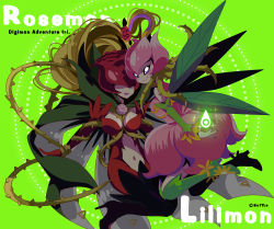 Rule 34 | 10s, 2girls, bare shoulders, blonde hair, boots, bottle (x890264), breasts, cape, character name, cleavage, copyright name, covered eyes, detached sleeves, digimon, digimon (creature), digimon adventure, digimon adventure tri., elbow gloves, flower, gloves, green background, hair flower, hair ornament, high heel boots, high heels, large breasts, leaf, lilimon, lipstick, long hair, looking at viewer, low-tied long hair, makeup, multiple girls, nail polish, navel, no humans, plant, purple eyes, rosemon, smile, symbol, thigh boots, thighhighs, thorns, vines, whip, wings