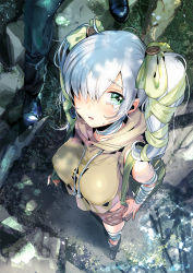 Rule 34 | 1girl, backpack, bag, bandaged arm, bandages, blue hair, blush, boots, buttons, crying, eyebrows, from above, green eyes, green ribbon, hair over one eye, hair ribbon, hood, hood down, hoodie, legs, long hair, looking at viewer, original, outdoors, pants, ribbon, rock, shorts, sleeveless, solo focus, sparkle, sweat, tears, twintails, yanyo (ogino atsuki)