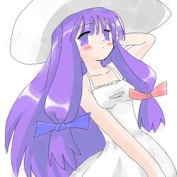 Rule 34 | 1girl, bad id, bad pixiv id, dress, female focus, hat, lowres, patchouli knowledge, purple hair, sidorov, simple background, solo, sundress, touhou, white background