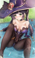 Rule 34 | 1girl, arm support, asymmetrical bangs, bare shoulders, black hair, black pantyhose, breasts, cleavage, closed mouth, collarbone, commentary request, detached collar, detached sleeves, genshin impact, green eyes, hat, highres, large breasts, long hair, mctom, mona (genshin impact), pantyhose, skin tight, solo, spread legs, twintails, water, wet, witch hat