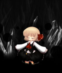 Rule 34 | 1girl, ascot, bad id, bad pixiv id, black background, black skirt, blonde hair, blush, child, cocozasa, dark, embodiment of scarlet devil, closed eyes, female focus, hair ribbon, highres, open mouth, outstretched arms, ribbon, rumia, safety pin, shirt, short hair, skirt, skirt set, solo, touhou