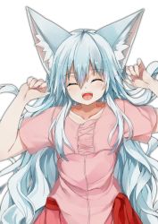 1girl :d animal_ears blue_hair closed_eyes commentary_request facing_viewer female_focus fingernails fox_ears fox_girl grey_hair hands_up highres long_hair open_mouth original pink_shirt red_skirt shirt simple_background skirt smile solo upper_body waichi white_background