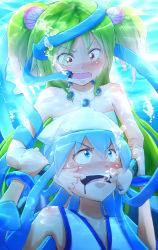 Rule 34 | 2girls, air bubble, anger vein, angry, asphyxiation, bad id, bad pixiv id, blue eyes, blue hair, blush, bracelet, bubble, crossover, drowning, green hair, hat, ikamusume, jewelry, long hair, mermaid, minamito, monster girl, mouth pull, multiple girls, muromi-san, namiuchigiwa no muromi-san, necklace, open mouth, red eyes, seashell, shell, shinryaku! ikamusume, tentacles, tentacle hair, twintails, underwater, water