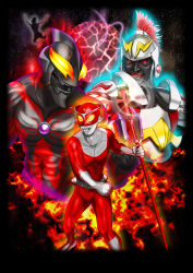 Rule 34 | black background, bodysuit, character request, clenched hand, cross, crossover, glint, gloves, helmet, highres, holding, holding weapon, open mouth, redman, redman (character), silhouette, smile, star (sky), tokusatsu, ultra series, ultraman belial, ultraman geed (series), weapon, white gloves