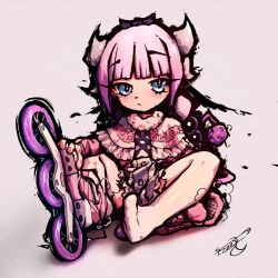 Rule 34 | 1girl, beads, black hairband, blue eyes, blunt bangs, blush, capelet, closed mouth, dragon girl, dragon horns, feet, floofsmear, frilled capelet, frills, full body, gradient hair, hair beads, hair ornament, hairband, horns, inline skates, kanna kamui, kobayashi-san chi no maidragon, legs, low twintails, mixed media, multicolored hair, pink hair, purple hair, roller skates, simple background, sitting, skates, socks, solo, tail, thick outlines, thighhighs, twintails, two-tone hair, white background, white socks, white thighhighs