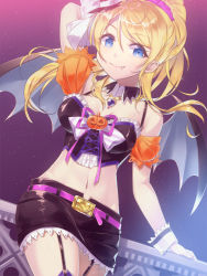 Rule 34 | 10s, 1girl, arm support, ayase eli, bat wings, belt, blonde hair, blue eyes, breasts, detached sleeves, fang, fang out, hair ornament, hair scrunchie, halloween, hat, long hair, looking at viewer, love live!, love live! school idol festival, love live! school idol project, mini hat, mini witch hat, navel, night, night sky, puffy detached sleeves, puffy sleeves, scrunchie, senoo aoi, sky, smile, solo, star (sky), starry sky, wings, witch hat, wrist cuffs