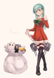 Rule 34 | 10s, 1girl, 2016, absurdres, aqua eyes, aqua hair, bad id, bad pixiv id, black thighhighs, blush, bow, breasts, christmas, christmas tree hair ornament, cleavage, clothes lift, dated, detached collar, detached sleeves, dress, dress lift, failure penguin, fur trim, grin, hair ornament, hand on own chest, head tilt, highres, hiiragii (hiiragi 0404), kantai collection, long hair, looking at viewer, machinery, medium breasts, miss cloud, red dress, revision, sack, santa costume, short dress, smile, solo, suzuya (kancolle), thigh strap, thighhighs, turret, zettai ryouiki